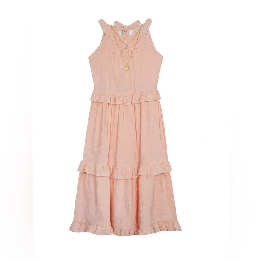 Rare Editions Blush Pink Tiered Ruffle Gauze Maxi Dress size 16 NEW